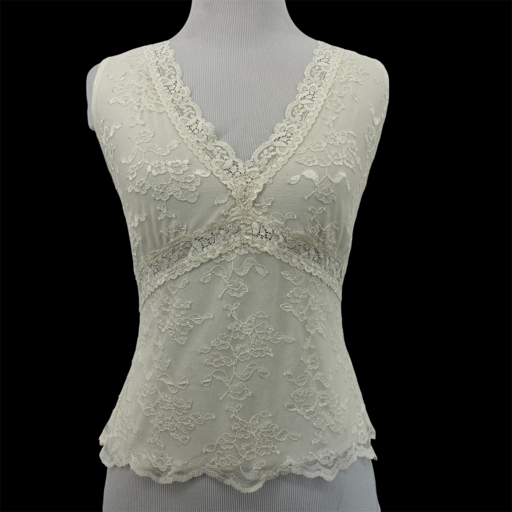 Worthington Petite S‎ Ivory Floral Lace Y2K Babydoll Sleeveless V-Neck Lined Top
